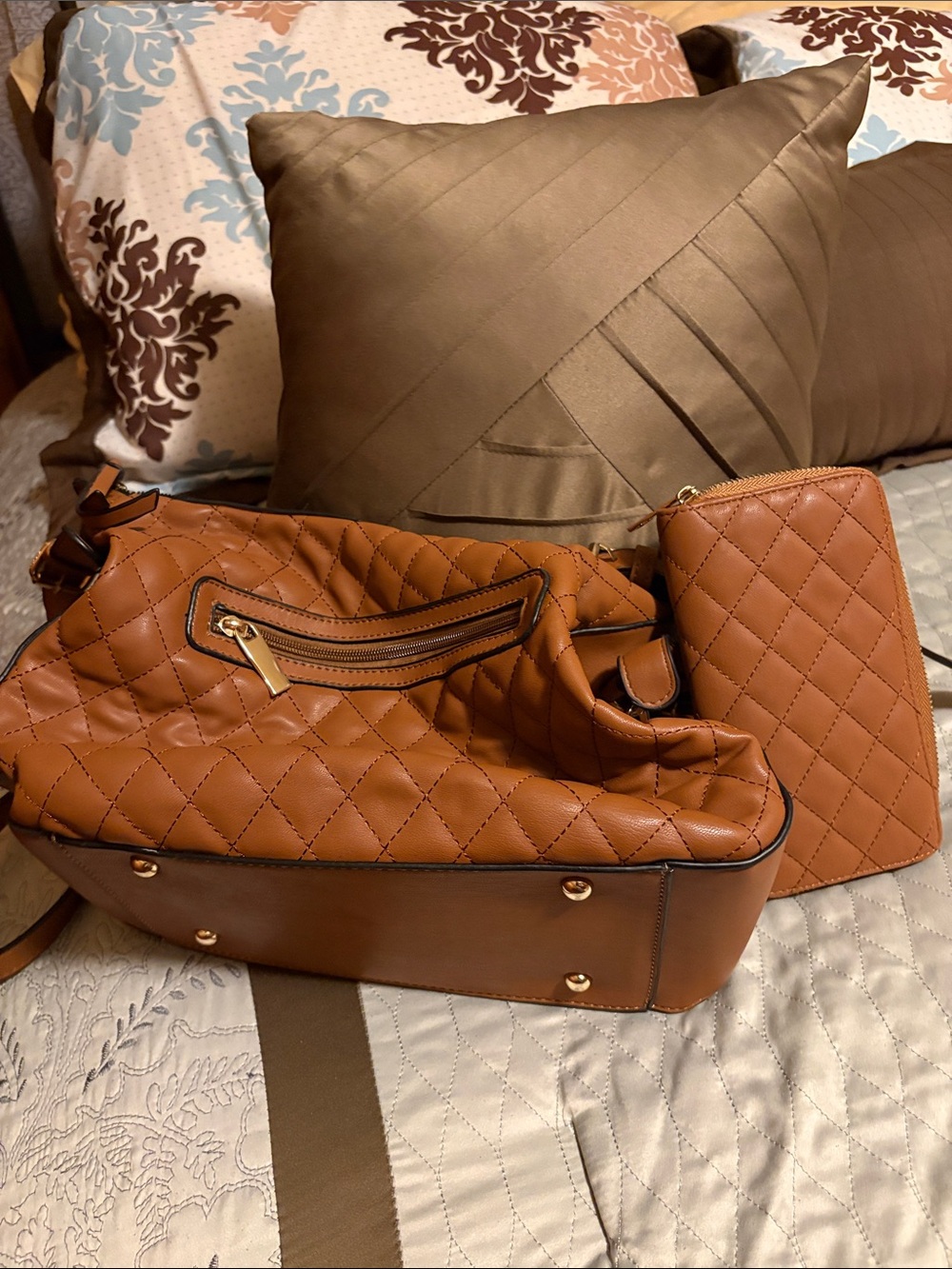 Quilted Tan Women’s Shoulder Bag with Zip Pouch